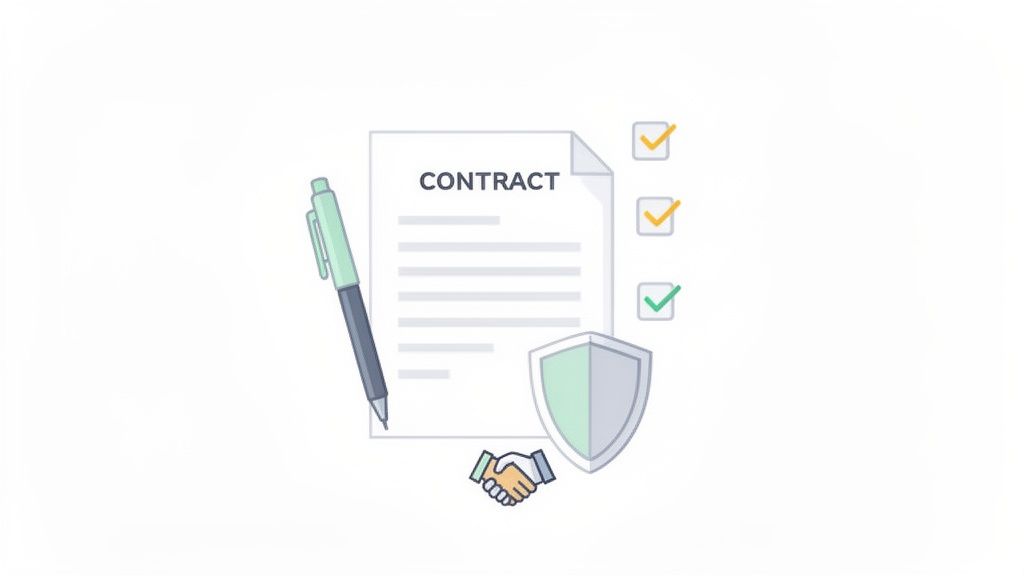 Illustration of a contract document with a pen, security shield, handshake and checked boxes.