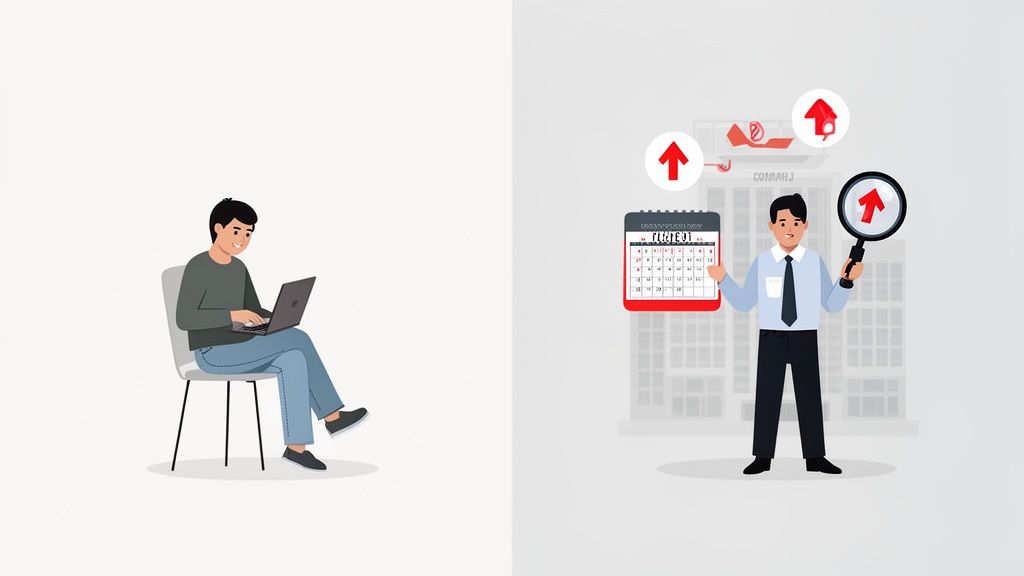 A freelancer works on a laptop while a businessman holds a calendar and magnifying glass in front of a building symbolizing growth.