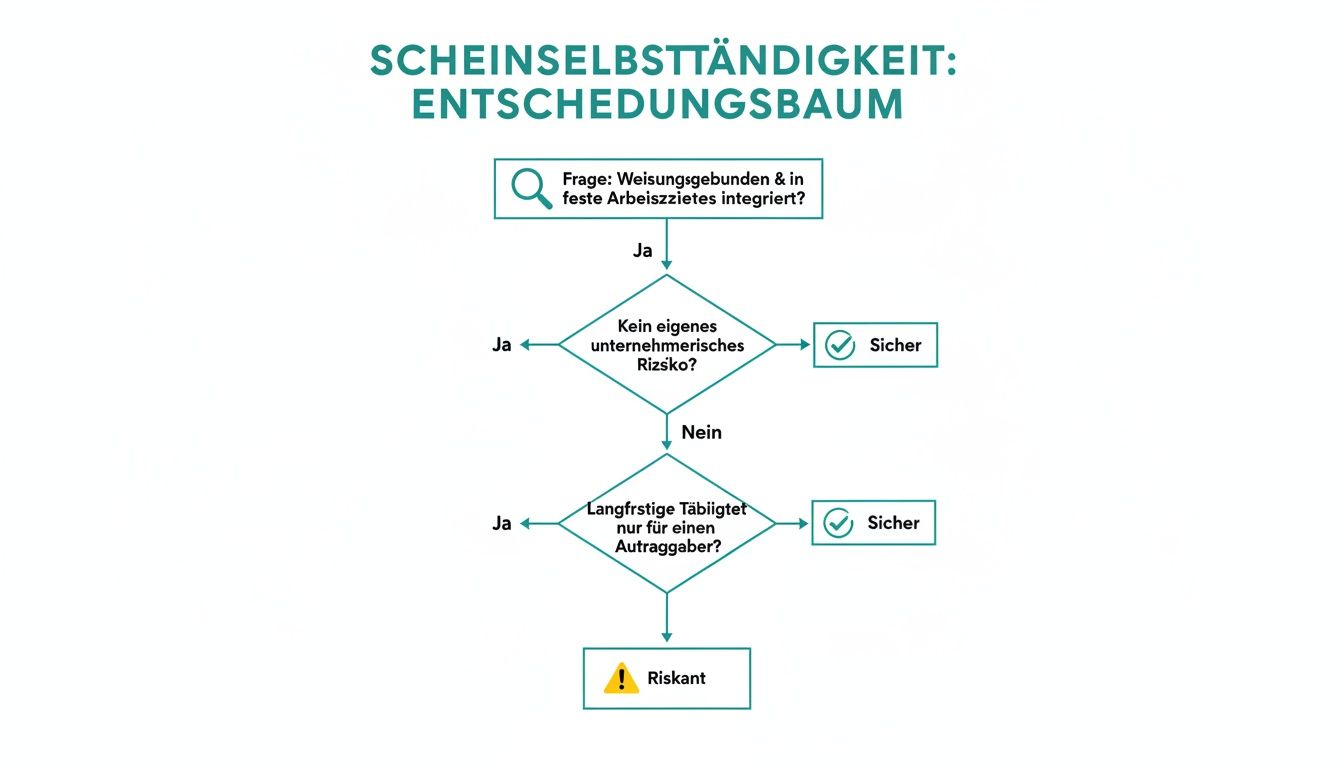 Decision tree for false self-employment with questions about being bound to instructions, company risk and clients.