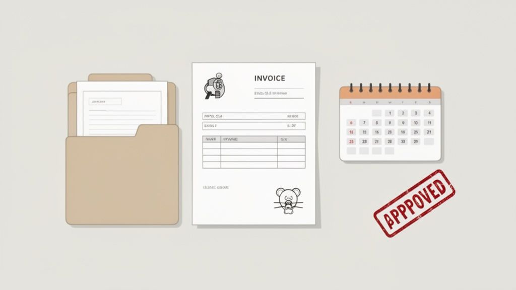 Office supplies such as file folders, invoices, calendars and an 'approved' stamp symbolize administrative processes.