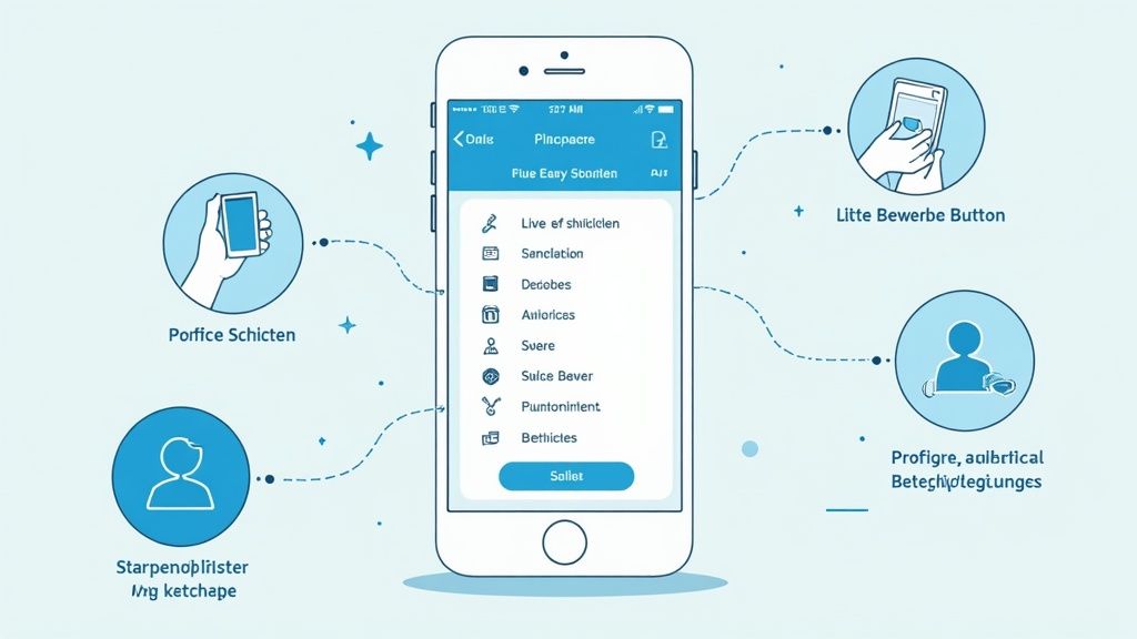 Mobiele app voor het beheren van diensten en functies, omgeven door verklarende pictogrammen en tekstvelden.