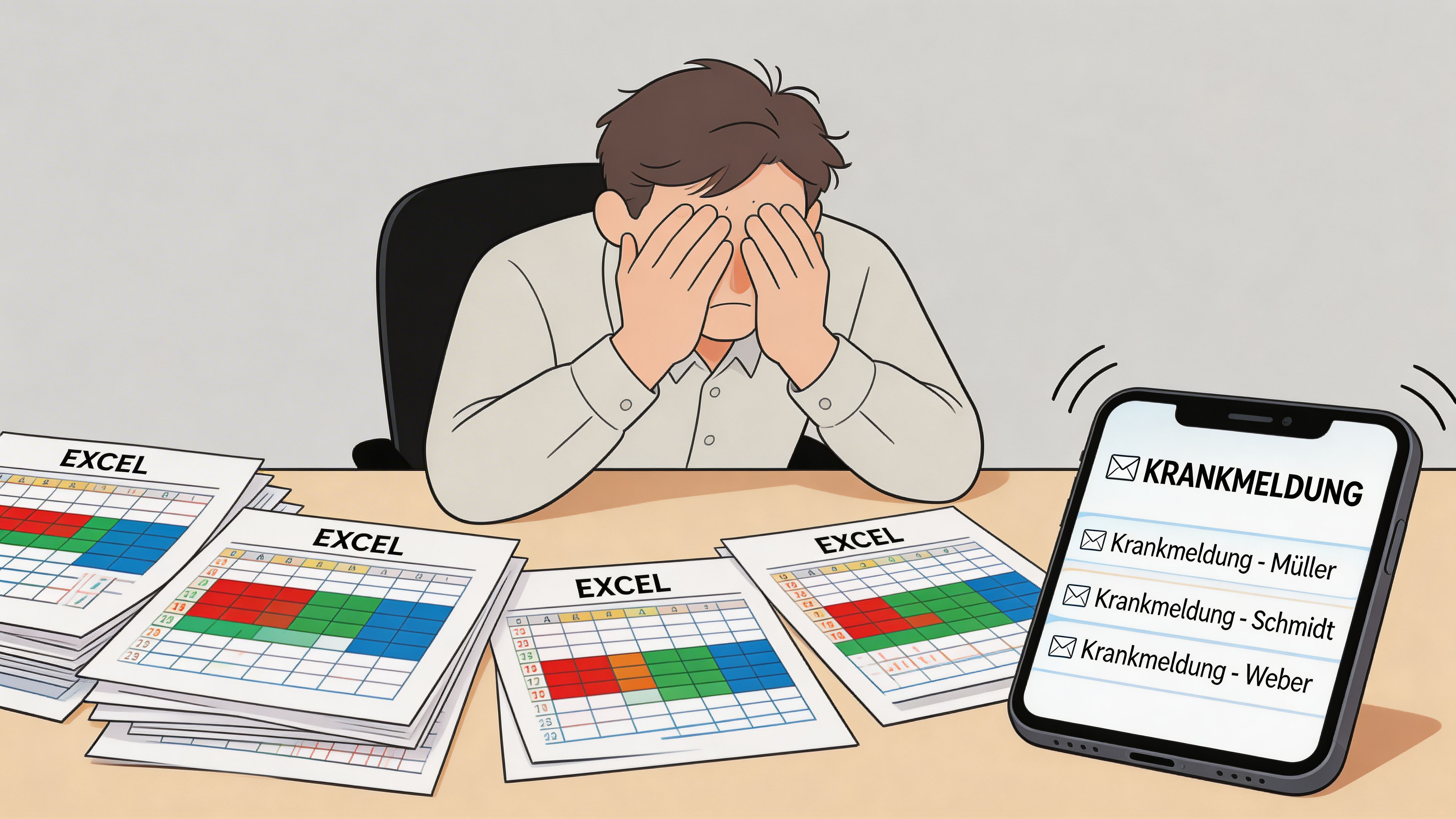 Ein überforderter Mitarbeiter sitzt an einem Schreibtisch voller Excel-Tabellen und erhält zahlreiche digitale Krankmeldungen per Smartphone.