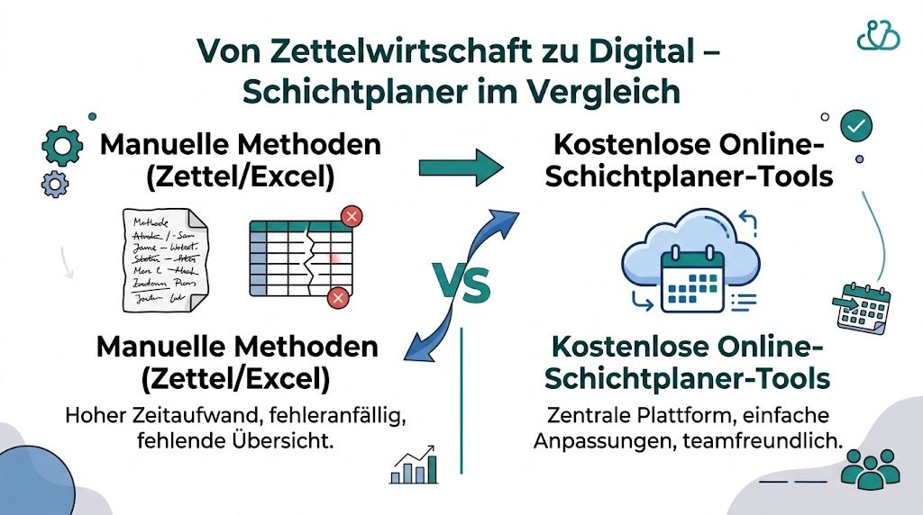Vergleich zwischen manueller Zettelwirtschaft und digitalen kostenlosen Schichtplaner-Tools für eine effiziente Mitarbeiterplanung im Unternehmen.