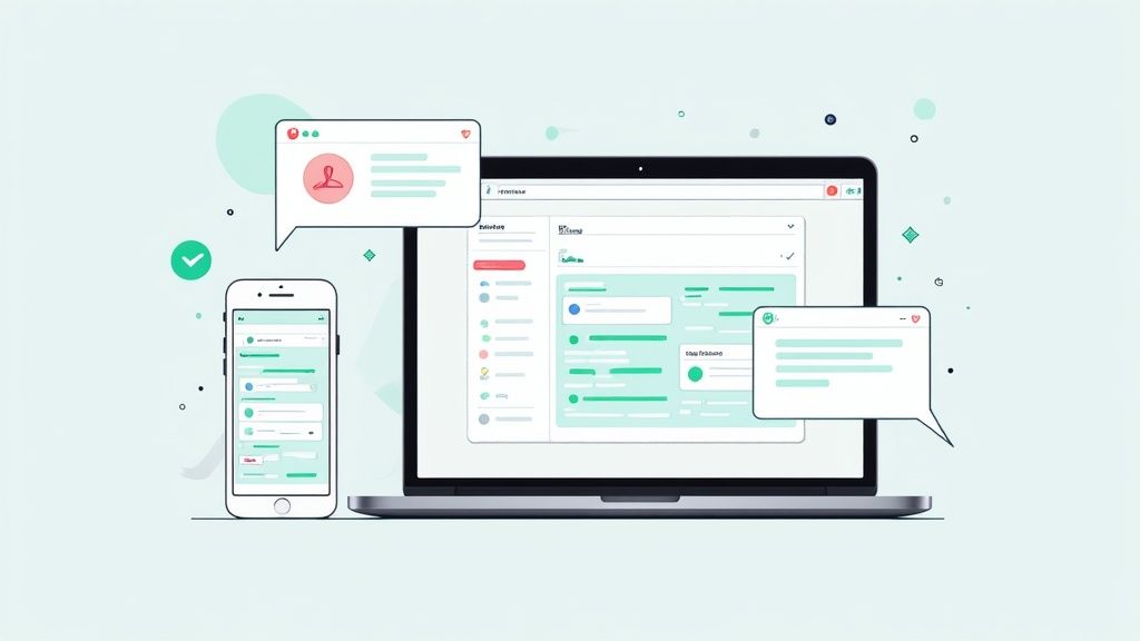 Digitale ploegendienstplanningssoftware op laptops en smartphones toont personeelsbeheer en communicatiefuncties voor evenementen