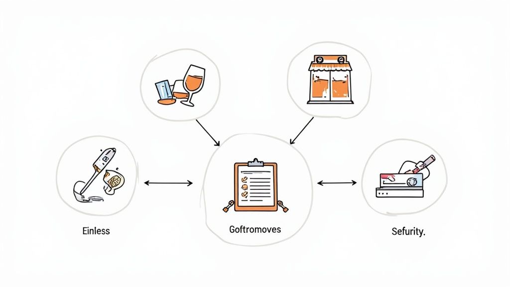 Diagram toont Goftromoves planning met aansluitingen op borrels, zaken, laboratorium en beveiliging
