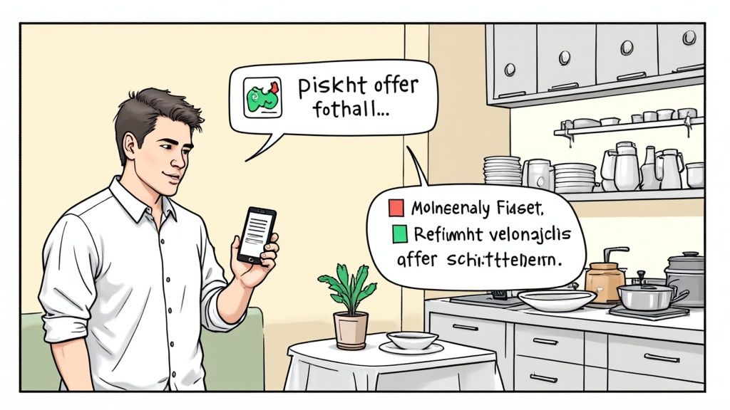 Homme tenant un smartphone dans la cuisine, regardant les notifications de l'application concernant la dotation en personnel.