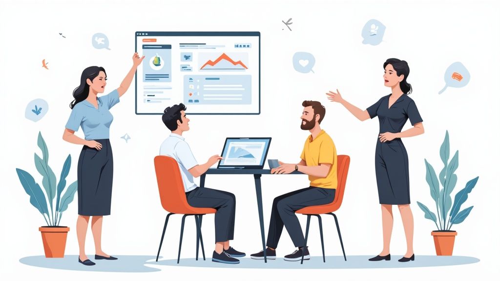 Quatre personnes travaillent ensemble sur un projet avec un ordinateur portable et un grand mur de présentation affichant des données et des graphiques.