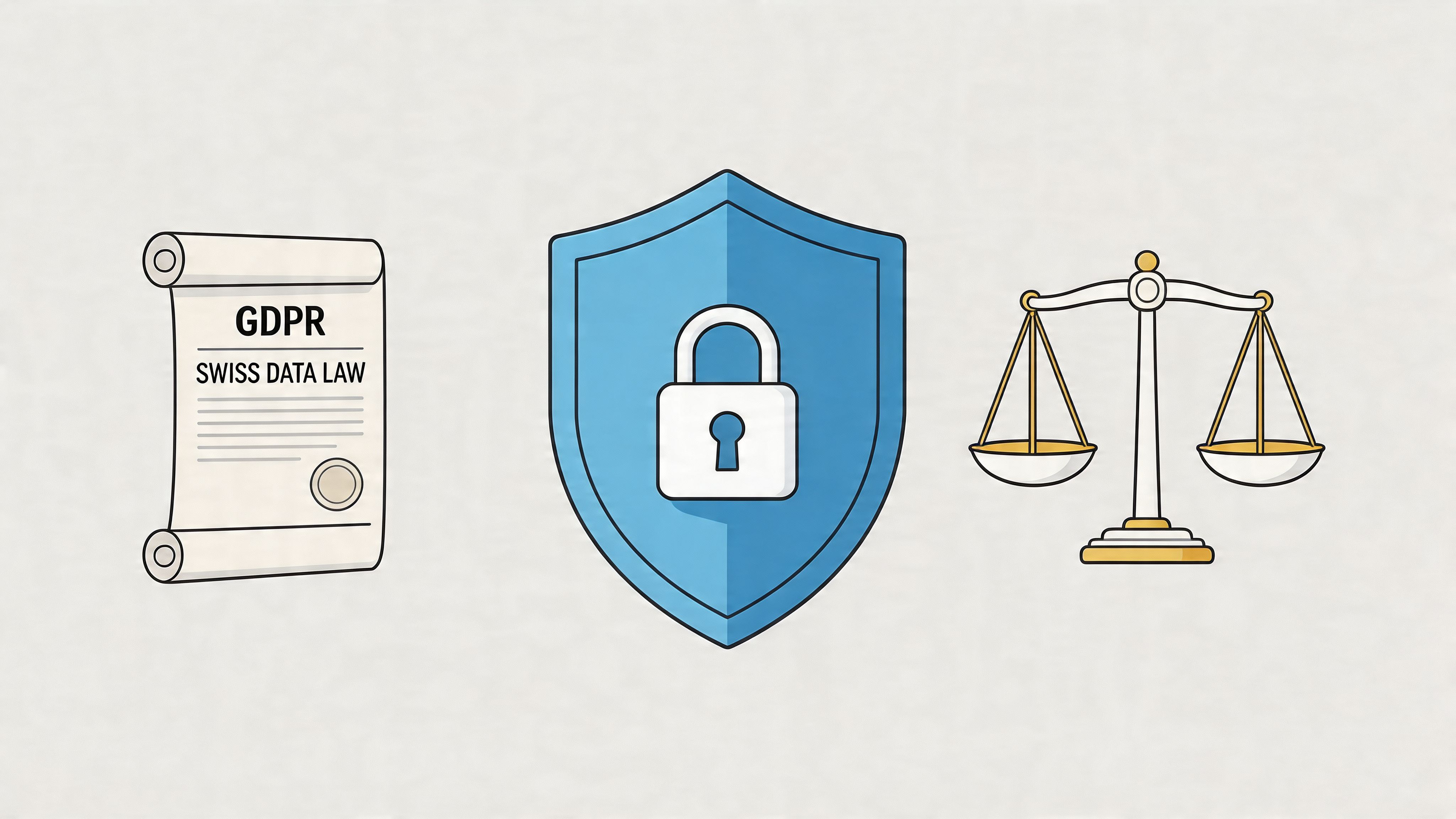 Symbole für Datenschutz, GDPR und Schweizer Datengesetz, dargestellt durch eine Urkunde, einen Schutzschild und eine Waage.