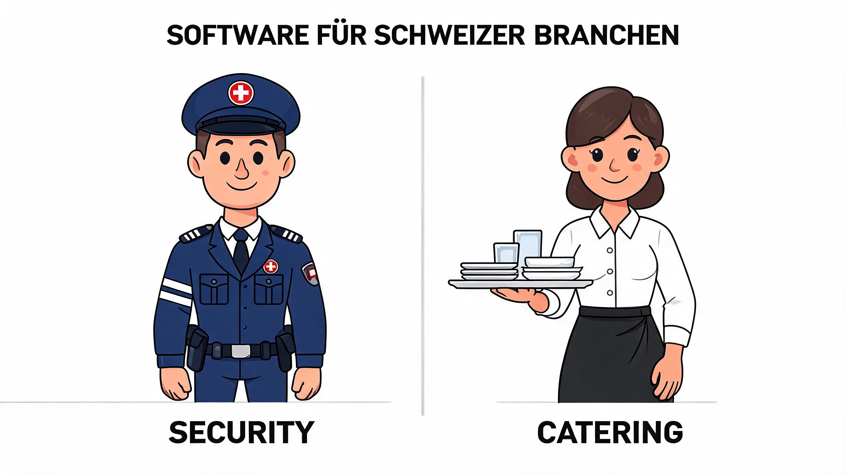 Illustration von zwei Berufen, einem Sicherheitsmitarbeiter und einer Servicemitarbeiterin, für Softwarelösungen in Schweizer Branchen.