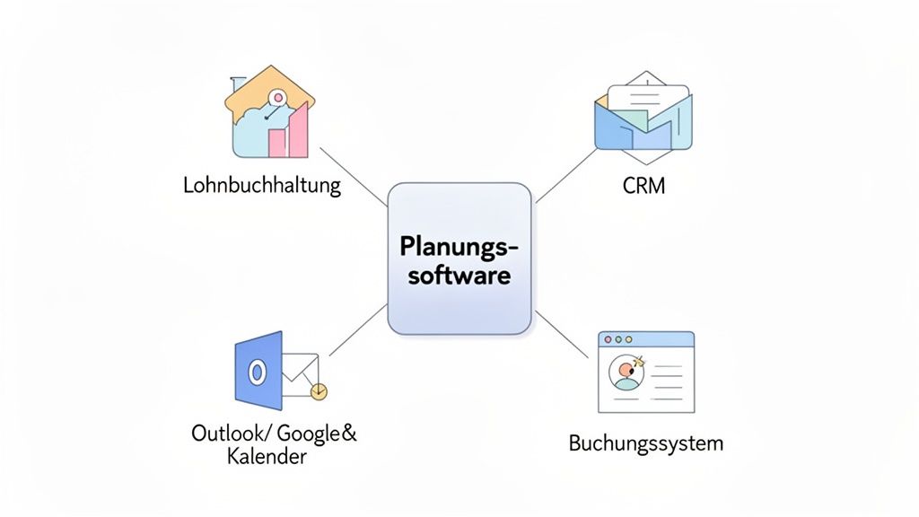 Diagram shows central planning software connected to payroll, CRM, calendar and accounting system.