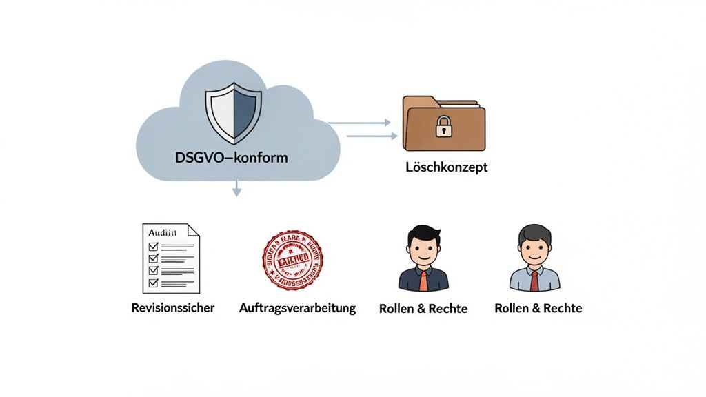 Diagram shows GDPR-compliant cloud, deletion concept, audit security, order processing as well as roles and rights.