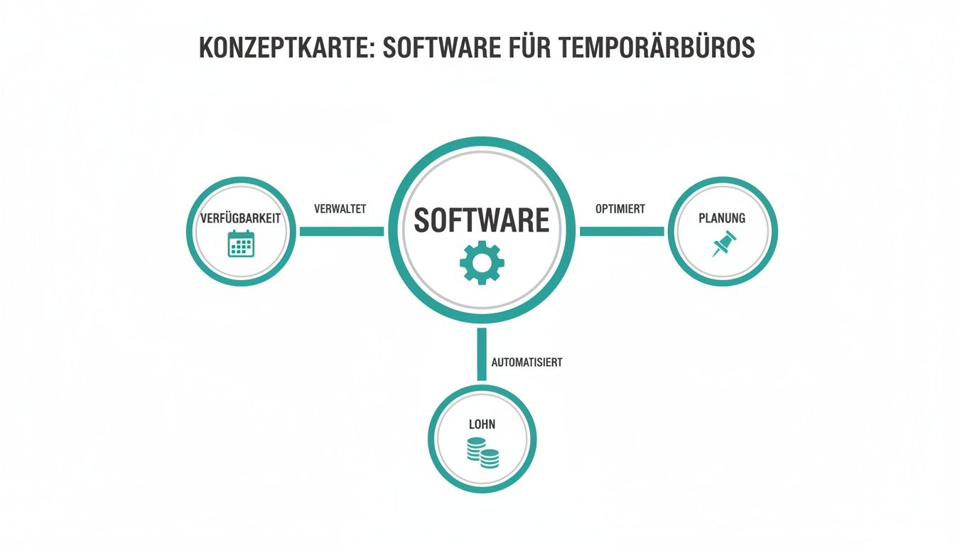 Temporary office software concept map showing how it manages and optimizes availability, scheduling and payroll.
