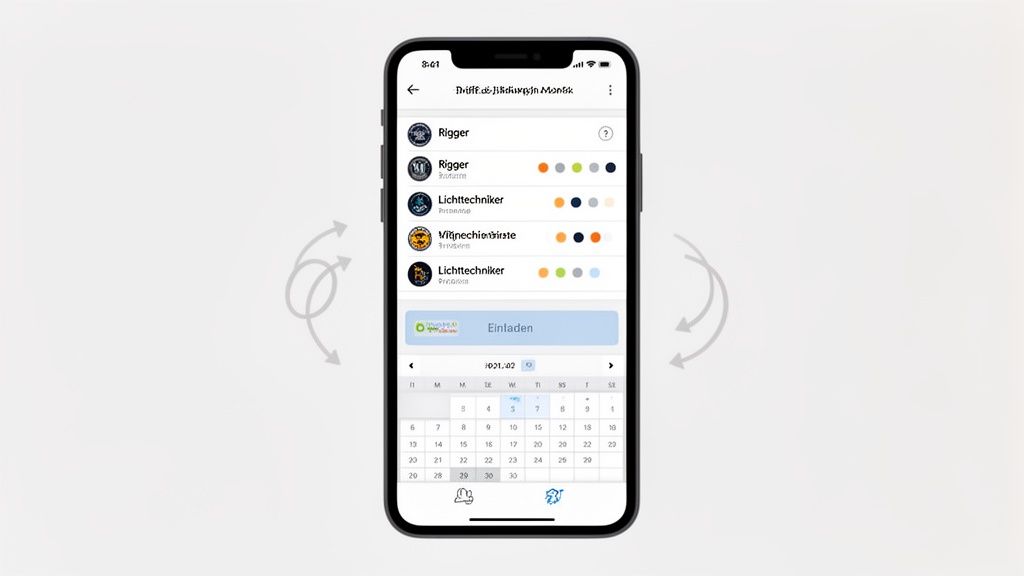 Smartphone app for event planning with a list of roles, calendar and invite function.