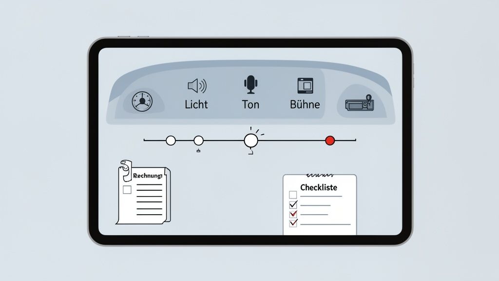 A tablet shows a user interface for controlling event technology with lighting, sound and stage options as well as invoice and checklist documents.