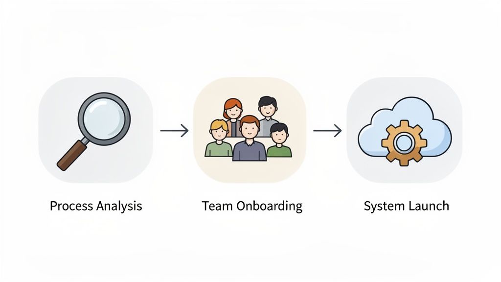 A visual representation of the process analysis, team introduction and system start steps with corresponding icons.