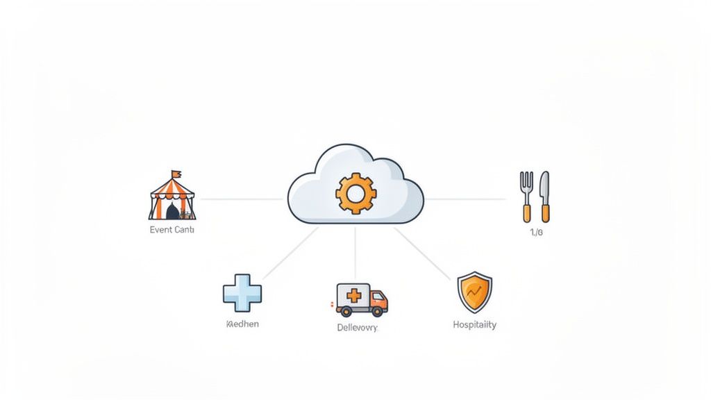 Diagram of a cloud automation platform that connects various industries such as events, hospitality, medical and delivery services.