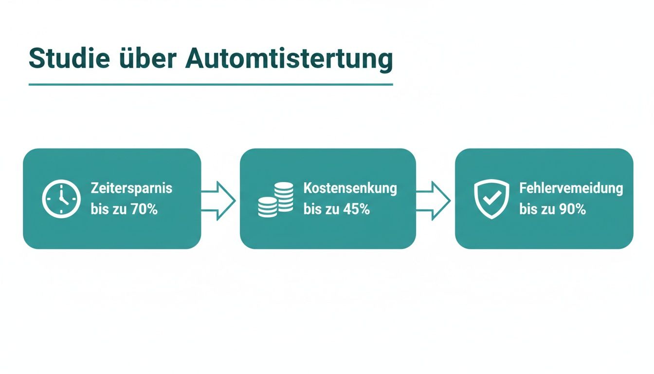 Infographic shows the benefits of automation: Up to 70% time savings, 45% cost reduction and 90% error prevention.