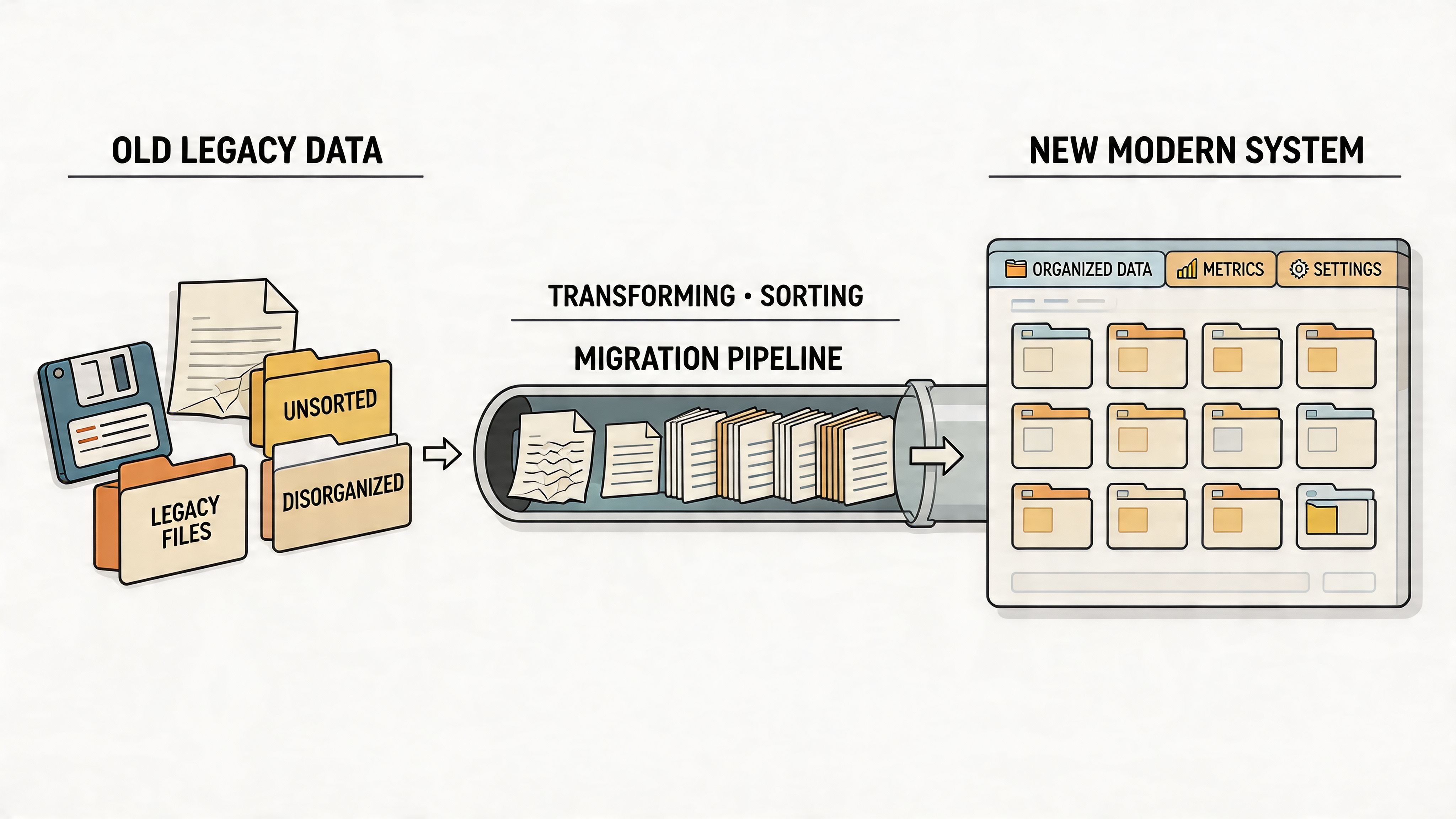 Eine Infografik zeigt die Migration von ungeordneten Altdaten durch eine Pipeline in ein strukturiertes modernes System.