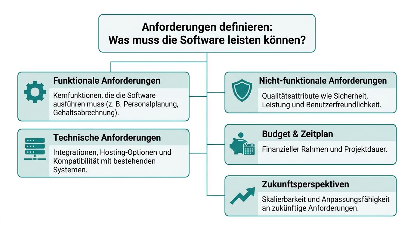 Eine Übersichtsgrafik, die darstellt, welche Anforderungen bei der Auswahl einer Software berücksichtigt werden sollten.