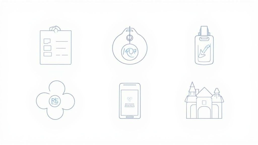 Six icons show checklist, compass, ID card, flower with Rb symbol, smartphone and lock for operational planning