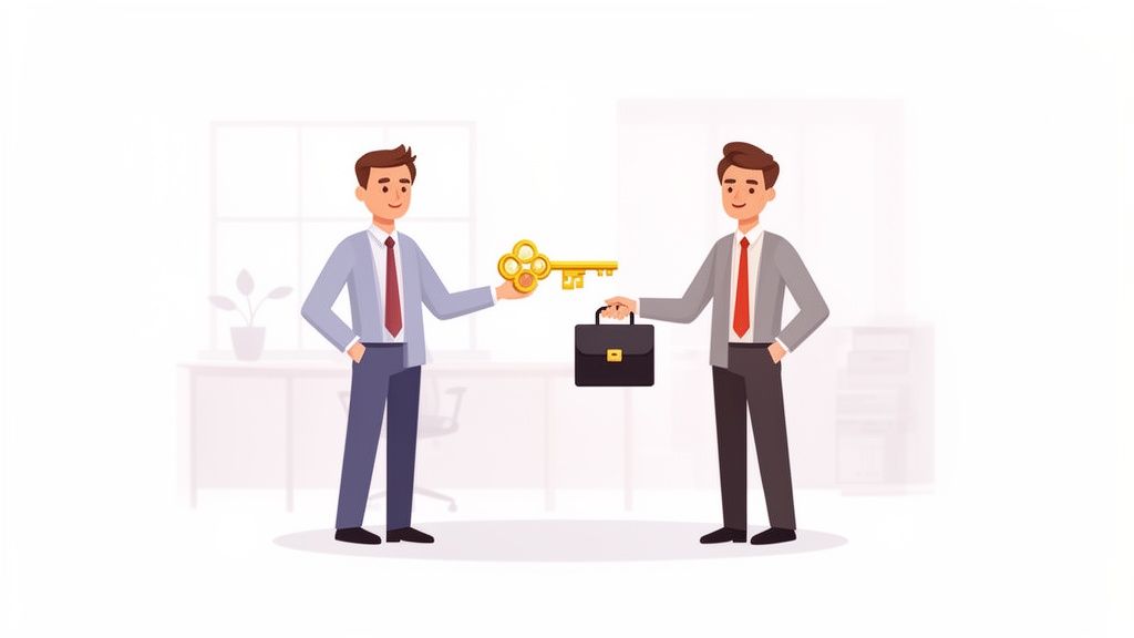 Zwei Geschäftsleute in einem Büro, einer übergibt einen goldenen Schlüssel, der andere hält eine Aktentasche.