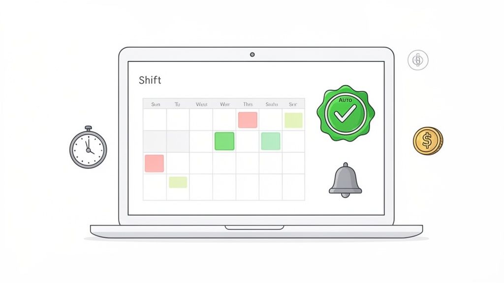 Laptop zeigt Schichtplan-Kalender mit roten und grünen Feldern, umgeben von Icons für Zeit, Automatisierung, Benachrichtigungen und Geld.
