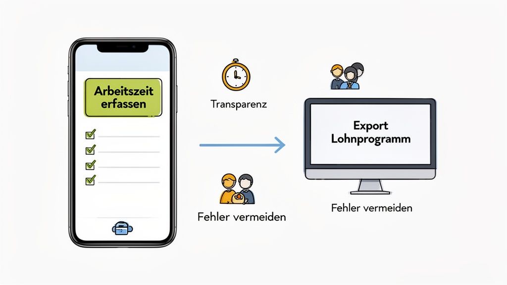 L'enregistrement des heures de travail via smartphone permet une exportation transparente et sans erreur vers le programme de paie.