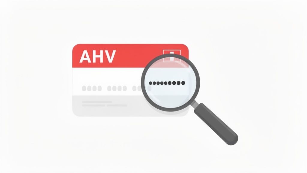 Une loupe zoome sur une zone cachée d'une carte AVS rouge avec un numéro de sécurité sociale.