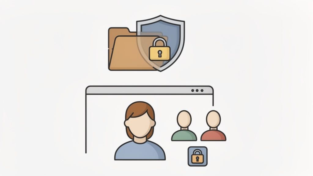 Illustration de dossiers de données avec un bouclier de protection et un cadenas, au-dessus desquels se trouve une fenêtre de navigateur avec plusieurs utilisateurs et un verrou de sécurité.