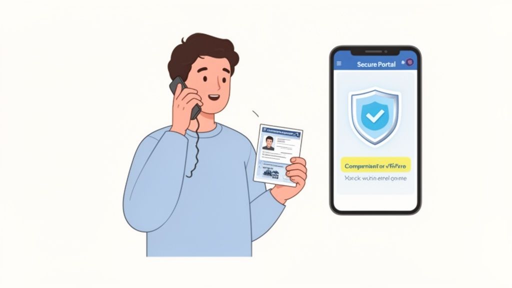 Un homme parle au téléphone avec une pièce d'identité à la main tandis qu'un smartphone affiche un portail sécurisé avec des coches.
