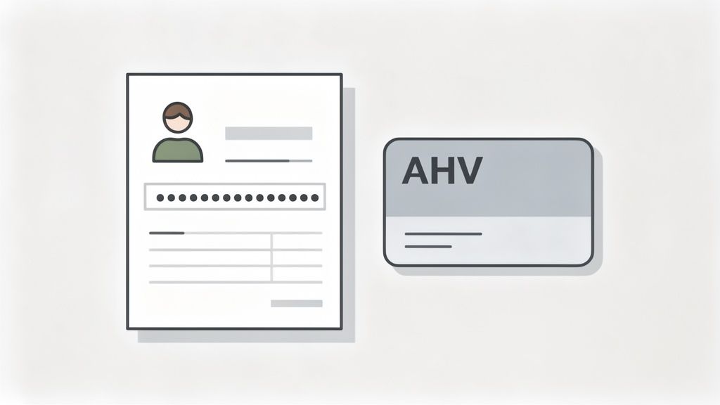 À côté d'une carte AVS, qui symbolise un numéro de sécurité sociale, se trouve un document comportant un champ de profil d'utilisateur et un mot de passe.
