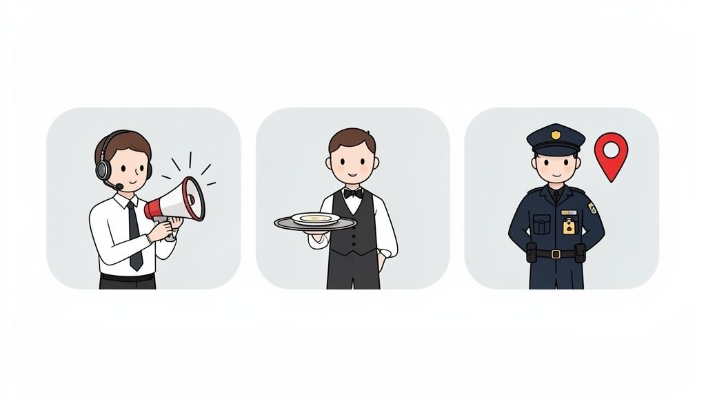 Three illustrated characters: customer service representative, waiter and police officer, representing different professions.