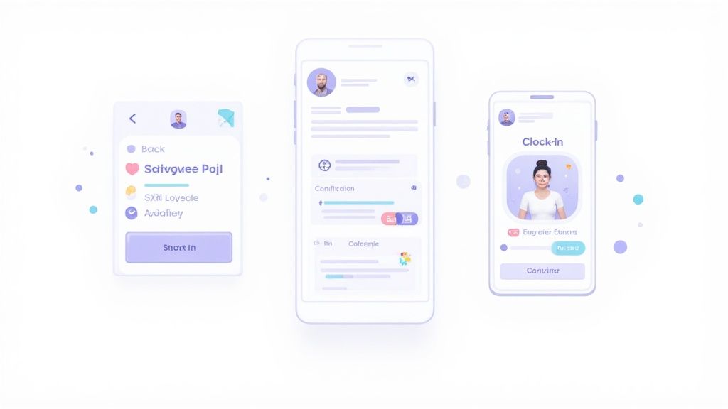 Drie moderne smartphoneschermen tonen uitzendsoftware met profielen en urenregistratie.