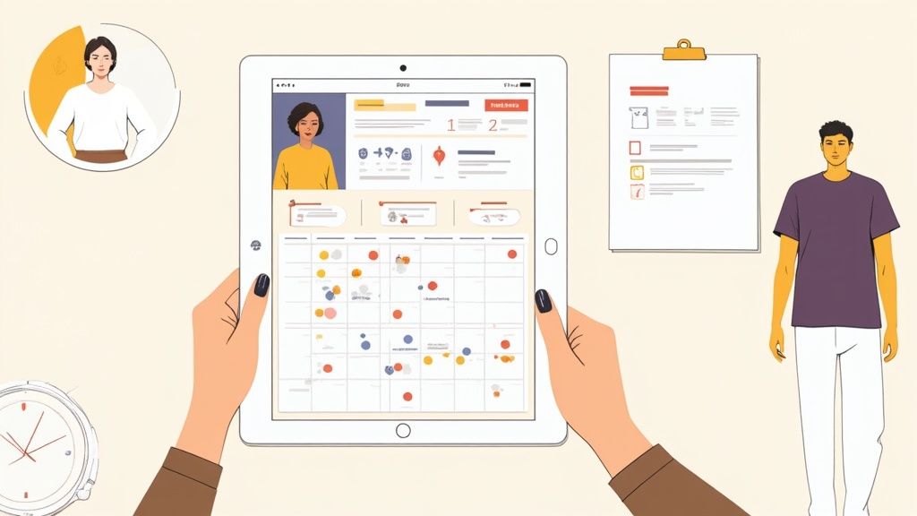 Handen die een tablet vasthouden met digitale software voor personeelsplanning die de kalenderweergave en werknemersprofielen toont. Er staat een man naast.