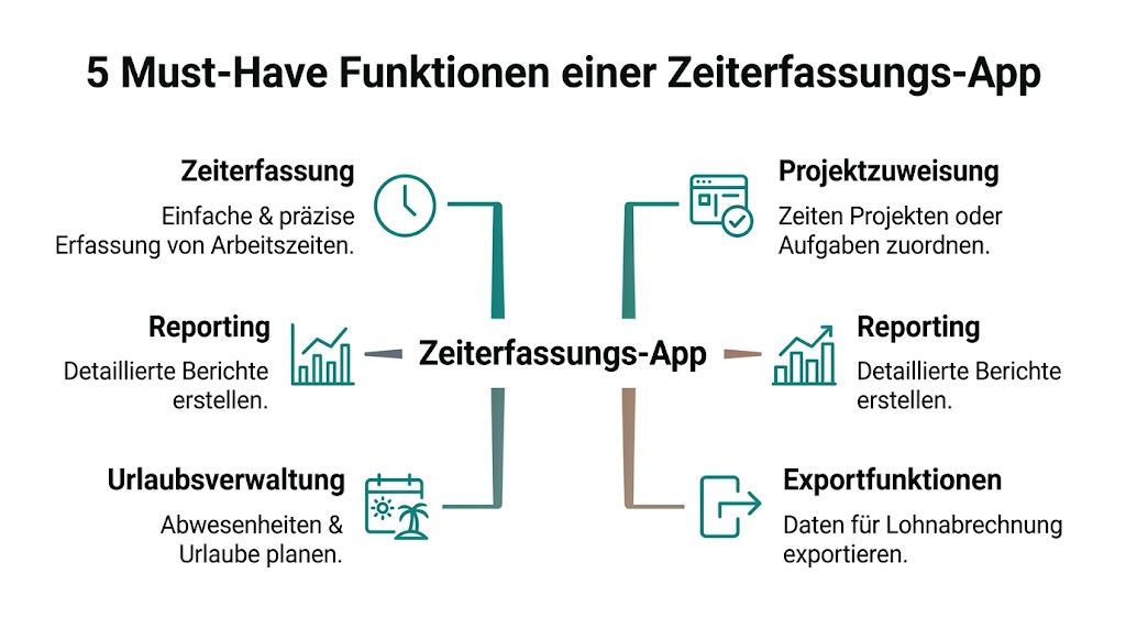 Infografica con le funzioni principali di una app professionale per la rilevazione presenze.
